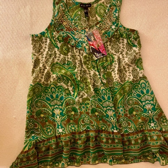 FANG Boho Green and Brown Paisley Tank Top- NWT - Size S - Picture 1 of 4